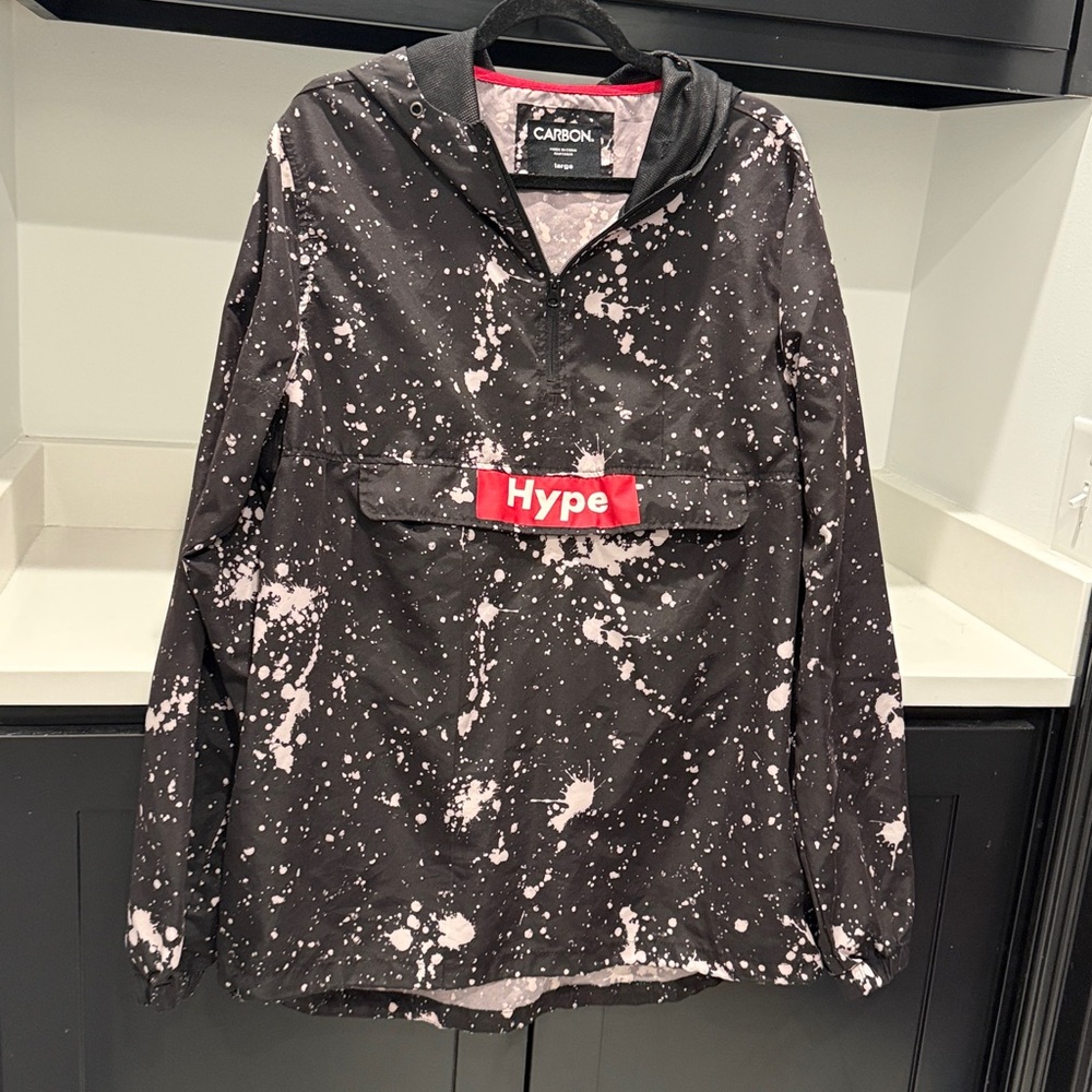 Carbon Hype Windbreaker Black and White Splatter Design Pullover. Size L - Picture 4 of 8